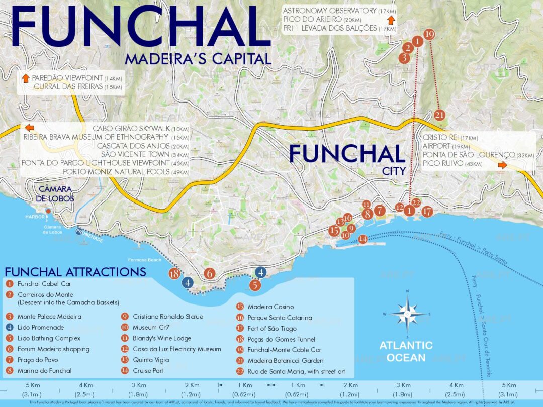 Este mapa de Funchal destaca algunas de las principales atracciones e incluye indicaciones de distancias a las principales atracciones de toda la isla.