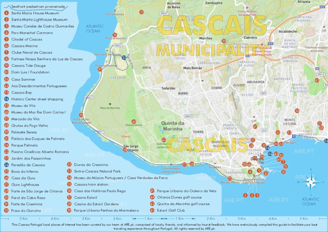 Mapa de Cascais con los principales barrios residenciales, algunos puntos de interés y paseos marítimos