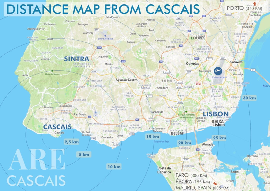 Mapa de la Gran Lisboa con distancias desde Cascais