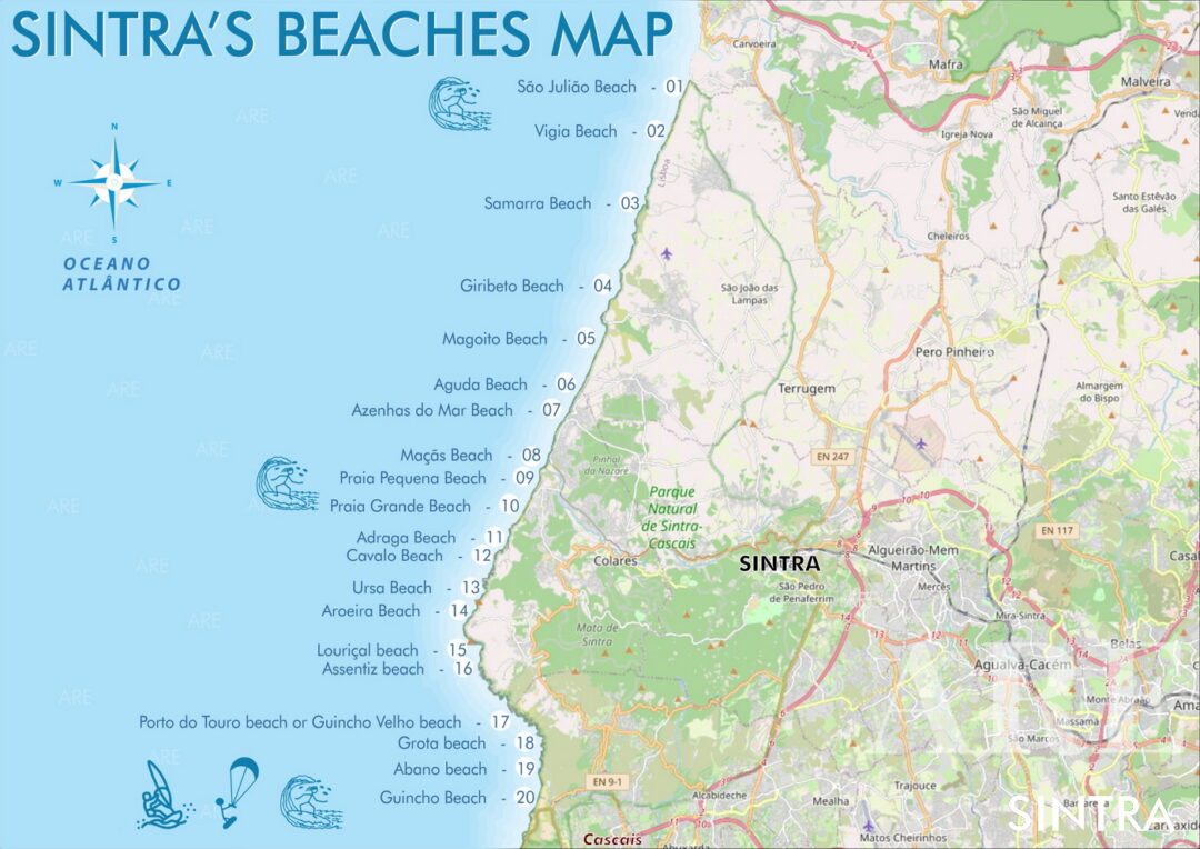 Mapa de las playas de Sintra, ordenadas de norte a sur.