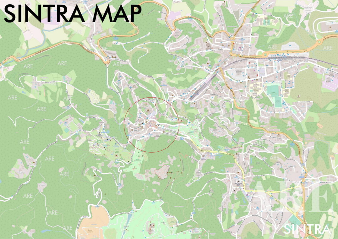 Mapa de Sintra que detalla los nombres de las calles, centrándose en el centro de la ciudad.