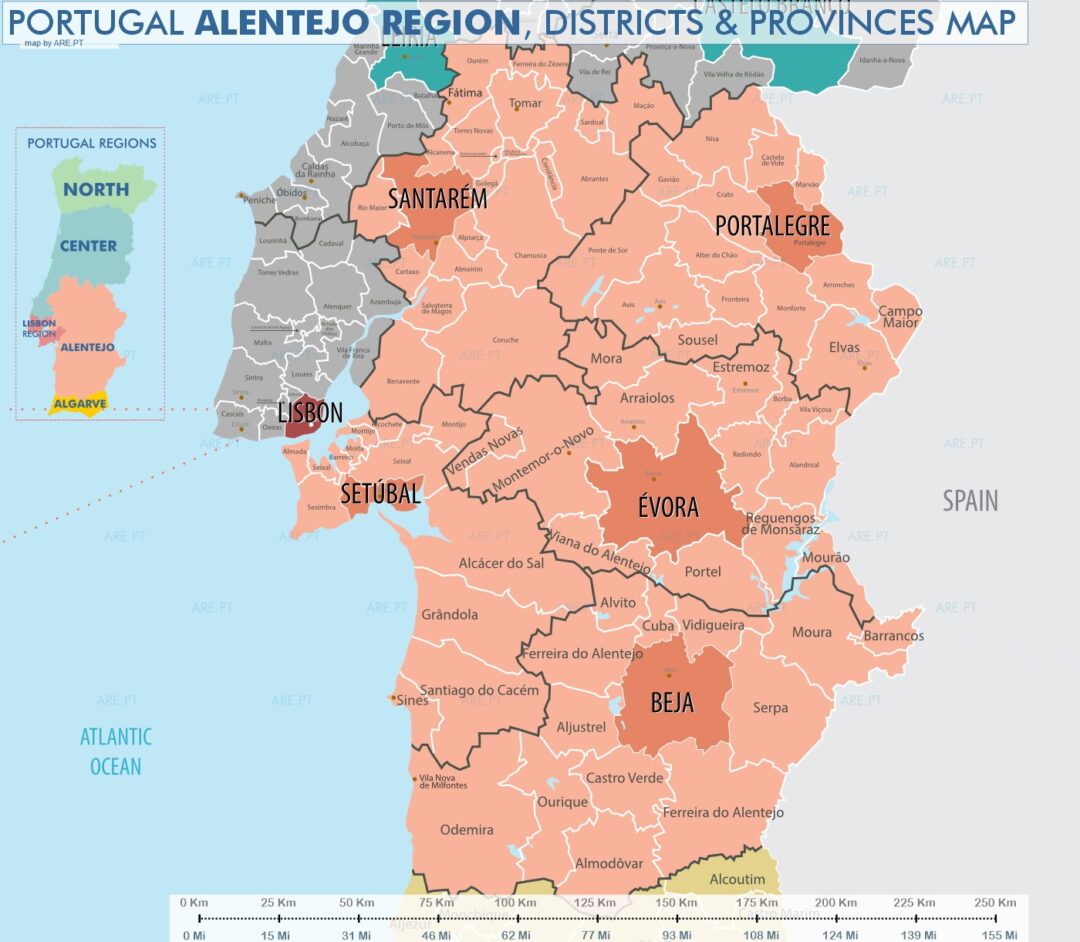 La región del Alentejo en Portugal está formada por los distritos de Évora, Beja y Portalegre.