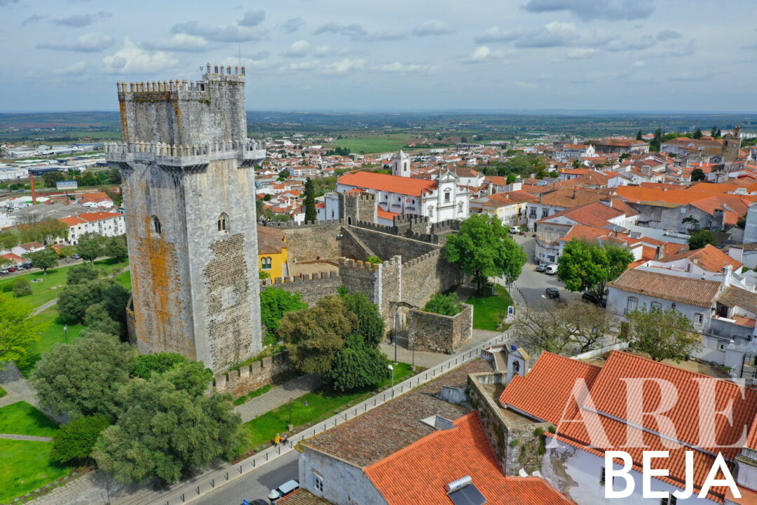 Aerial view of the City of Beja, with the walls of the Beja Castle, the Porta de Évora, the Cathedral, and the view of the surroundings