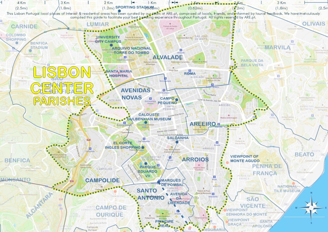 Mapa del centro de Lisboa con las parroquias de Santo António, donde se encuentra Avenida da Liberdade, Arroios, Campolide, Avenidas Novas, Areeiro y Alvalade.