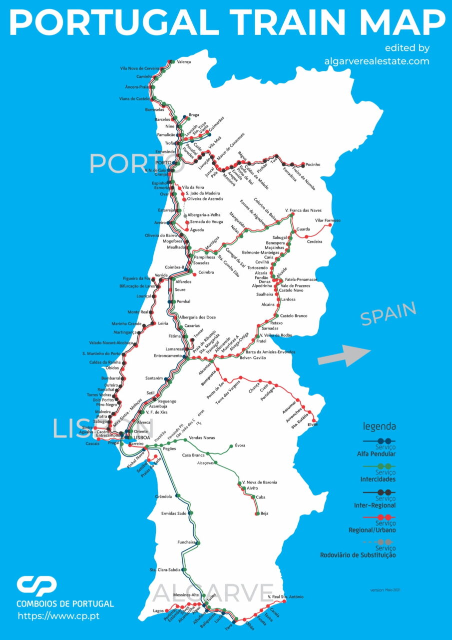 Mapa de Portugal mostrando las líneas de tren, con diferentes colores que representan los distintos tipos de servicios de tren, incluidos trenes rápidos, trenes regionales e interurbanos