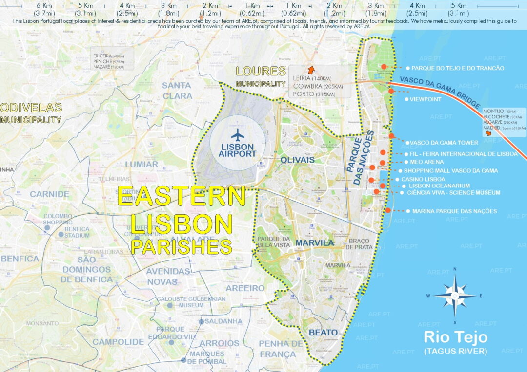 Mapa del este de Lisboa con las parroquias de Olivais, que alberga el aeropuerto principal de Lisboa, y Parque das Nações.