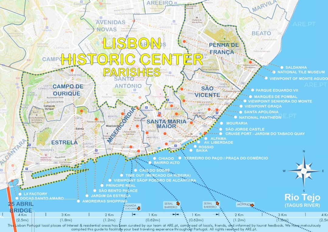 Mapa del Centro Histórico de Lisboa con las parroquias de Estrela, Campo de Ourique, Misericordia, Santa Maria Maior, São Vicente y Penha de França.