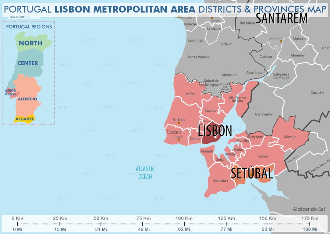La región de Lisboa se conoce como Área Metropolitana de Lisboa. Se compone de dos subregiones, la Gran Lisboa y la Península de Setúbal.