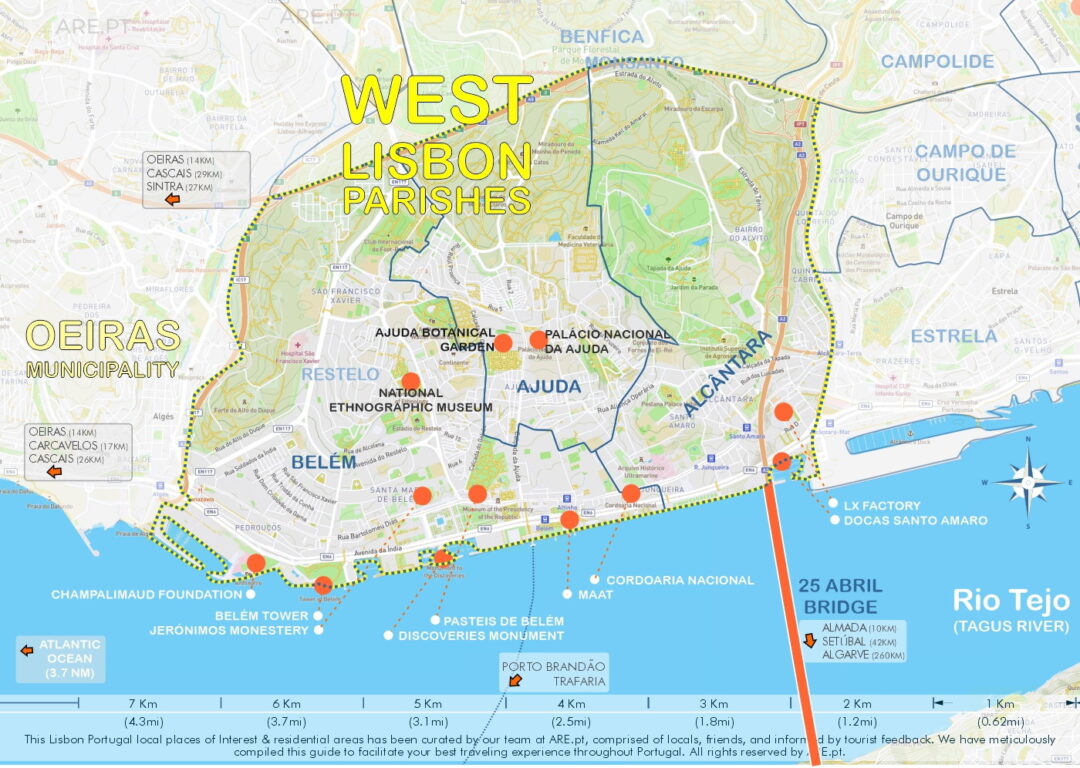 Mapa del área occidental de Lisboa con Belem, Ajuda y Alcantara.